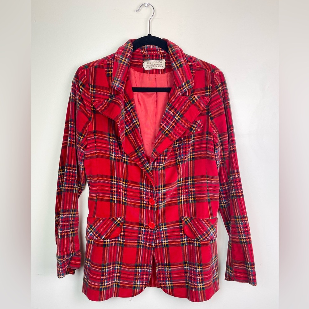 1970s Saks Fifth avenue young dimensions Red Classic Suede Plaid Blazer | Small